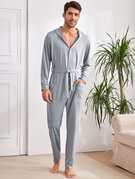 men pocket patched hooded belted pajama jumpsuit v7ci#, Black;brown 
men pocket patched hooded belted pajama jumpsuit v7ci#, Black;brown