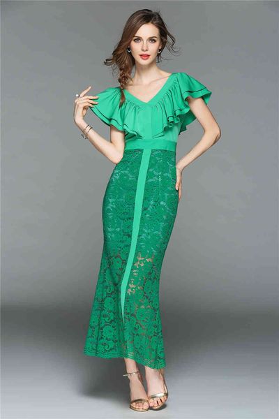 women runway neck ruffled patchwork lace fishtail mermaid summer butterfly short sleeve v back green/white maxi long, Black;gray
women runway neck ruffled patchwork lace fishtail mermaid summer butterfly short sleeve v back green/white maxi long, Black;gray