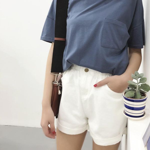 women's shorts summer high waist denim women casual loose roll up hem elastic pocket jeans, White;black
women's shorts summer high waist denim women casual loose roll up hem elastic pocket jeans, White;black