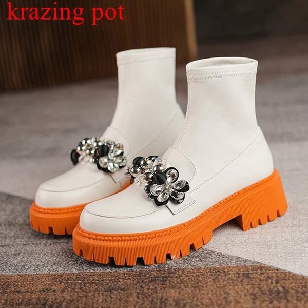 boots krazing pot genuine leather round toe crystal flowers beading chic western med heels thick bottom stretch ankle l0f3, Black
boots krazing pot genuine leather round toe crystal flowers beading chic western med heels thick bottom stretch ankle l0f3, Black