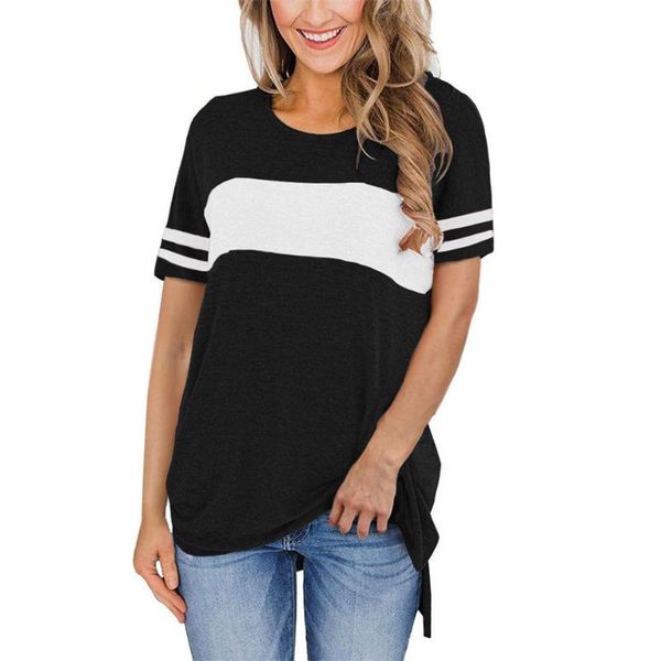 women's t-shirt 2021 spring and summer clothing striped round neck short-sleeved stitching split top, White
women's t-shirt 2021 spring and summer clothing striped round neck short-sleeved stitching split top, White