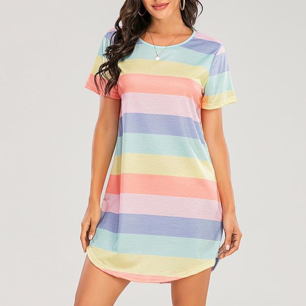 women sleepwear pyjamas night dress for short sleeved rainbow striped nightgown loose dormir large size leisure s 5xl, Black;red
women sleepwear pyjamas night dress for short sleeved rainbow striped nightgown loose dormir large size leisure s 5xl, Black;red