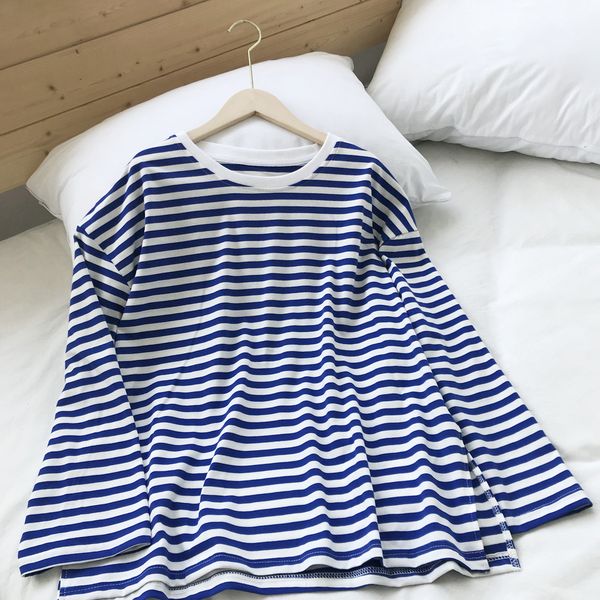 summer and summer blue-and-white striped open-fork full t-shirt spring women's loose plus size o neck casual 210421
summer and summer blue-and-white striped open-fork full t-shirt spring women's loose plus size o neck casual 210421