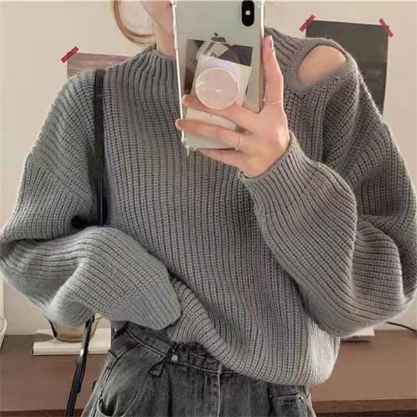 women's sweaters autumn and winter 2021 loose design sense off shoulder lazy wind sweater bottomed women, White;black
women's sweaters autumn and winter 2021 loose design sense off shoulder lazy wind sweater bottomed women, White;black