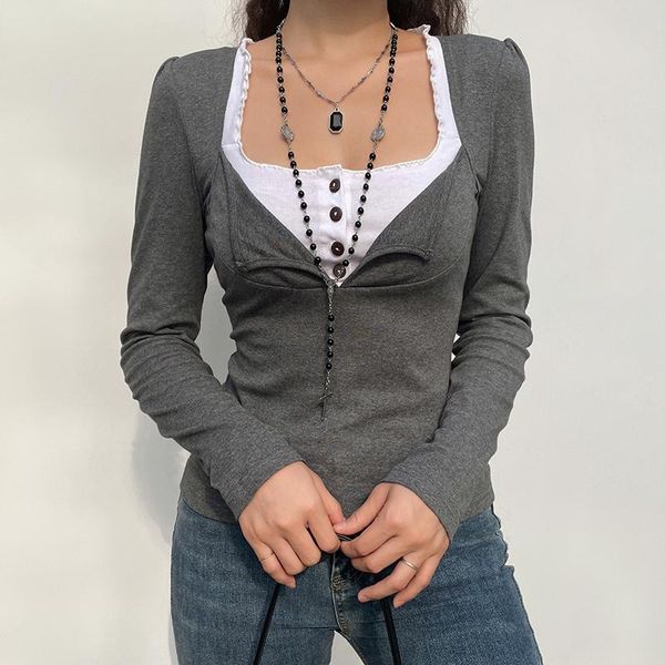 women's t-shirt women fake 2pcs crop fashion streetwear clothes female long sleeve button closure casual slim outfits, White
women's t-shirt women fake 2pcs crop fashion streetwear clothes female long sleeve button closure casual slim outfits, White