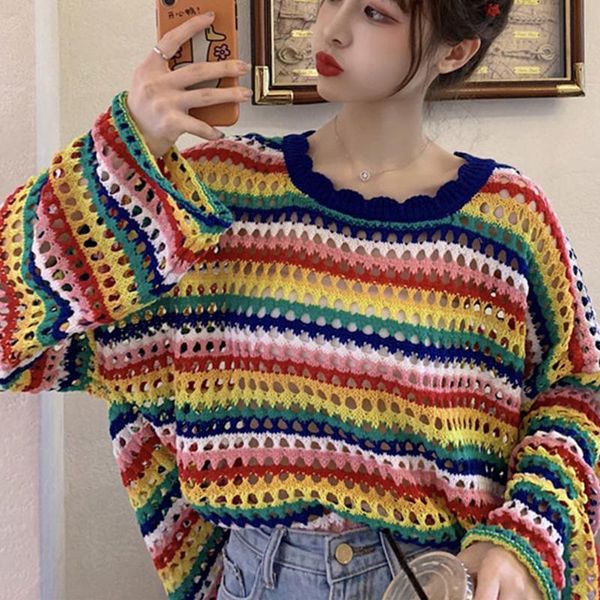 women's sweaters hollow out rainbow macaron slim knitted pullover o-neck spring&autumn knitwear ladies short jumper woman, White;black
women's sweaters hollow out rainbow macaron slim knitted pullover o-neck spring&autumn knitwear ladies short jumper woman, White;black