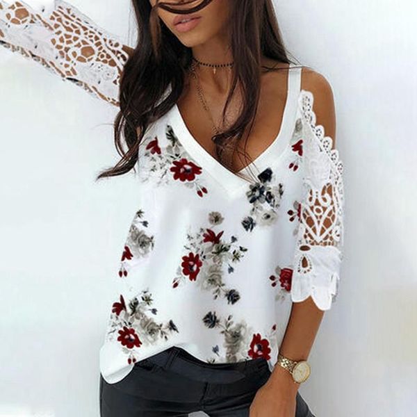 women's t-shirt slit sleeve off shoulder floral print women casual summer t shirt lace stitching loose tee plus size camisetas de mujer, White
women's t-shirt slit sleeve off shoulder floral print women casual summer t shirt lace stitching loose tee plus size camisetas de mujer, White