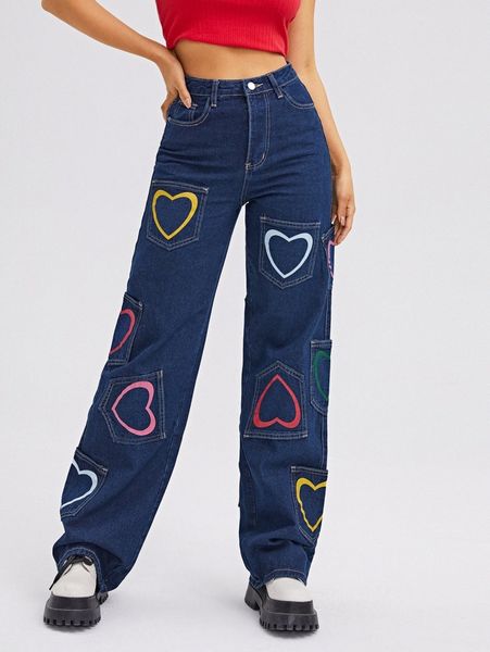 high waist heart print wide leg jeans j0kw#, Blue
