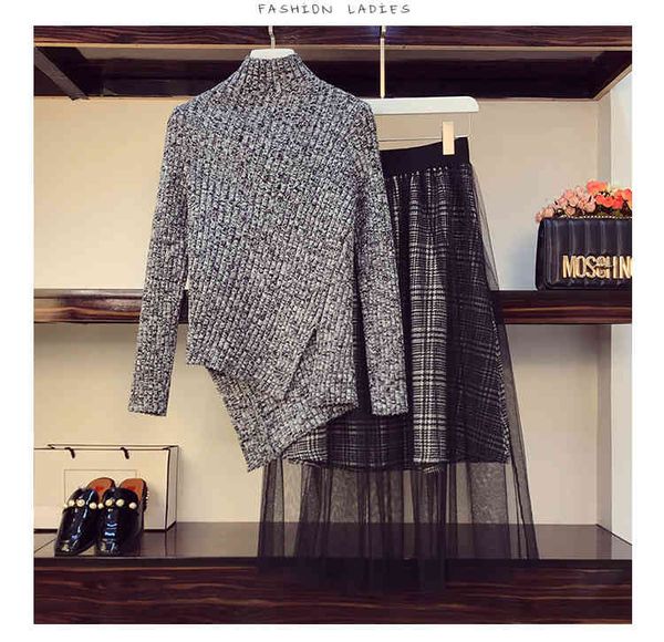 2021 a line autumn winter 2 piece es set women black knitted sweater + plaid splicing mesh midi skirt lady clothes female, White
2021 a line autumn winter 2 piece es set women black knitted sweater + plaid splicing mesh midi skirt lady clothes female, White
