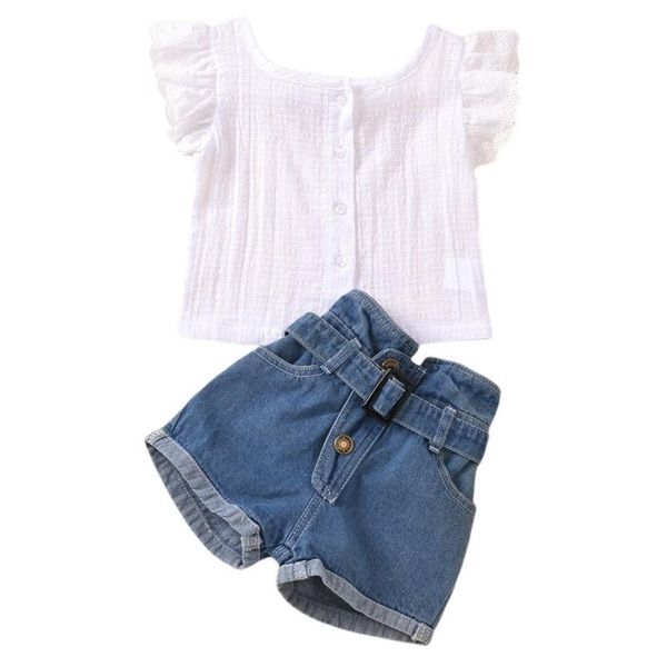 clothing sets summer children's wear lace sleeve solid color pattern blouse open bag jean shorts 2 pieces set suitable for 1-5 years ol, White
clothing sets summer children's wear lace sleeve solid color pattern blouse open bag jean shorts 2 pieces set suitable for 1-5 years ol, White