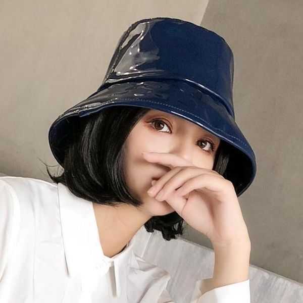 cloches women hiphop hat pu leather reversible bucket caps solid colors female gorros, Blue;gray
cloches women hiphop hat pu leather reversible bucket caps solid colors female gorros, Blue;gray