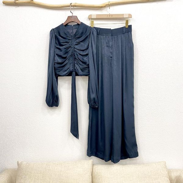 women silk ruched cropped bodice in navy and high waist wide leg pant trousers women's blouses & shirts, White
women silk ruched cropped bodice in navy and high waist wide leg pant trousers women's blouses & shirts, White
