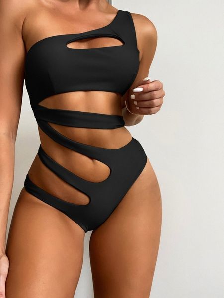cut out one shoulder one piece swimsuit d33j#, White;black