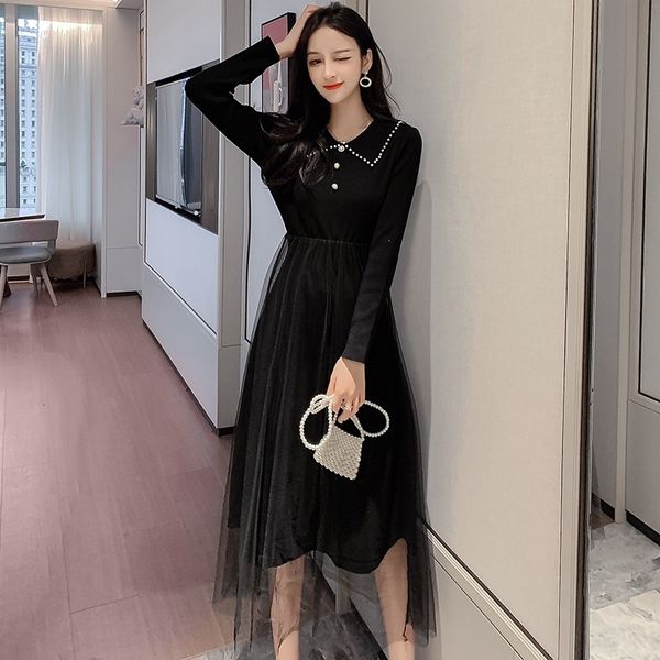 women maxi mesh stitching long dresses waist women's dress autumn and winter, Black;gray
women maxi mesh stitching long dresses waist women's dress autumn and winter, Black;gray