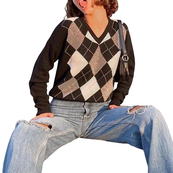 women's sweaters hirigin 2021 casual v neck classic long sleeve argyle print loose knit jumper preppy style streetwear, White;black
women's sweaters hirigin 2021 casual v neck classic long sleeve argyle print loose knit jumper preppy style streetwear, White;black