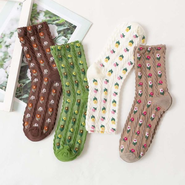 mori broken flower socks children's middle tube autumn and winter new french long cotton sweet college style women's, Black