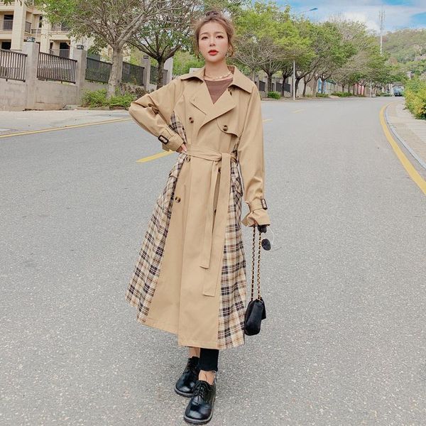 women's trench coats coat for women long double-breasted plaid patchwork belt loose casual lady female outerwear spring fall windbreake, Tan;black
women's trench coats coat for women long double-breasted plaid patchwork belt loose casual lady female outerwear spring fall windbreake, Tan;black