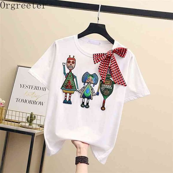 cartoon embroidery sequins short sleeve tshirt for women summer o-neck bow tie cotton women's femme 210602, White
cartoon embroidery sequins short sleeve tshirt for women summer o-neck bow tie cotton women's femme 210602, White