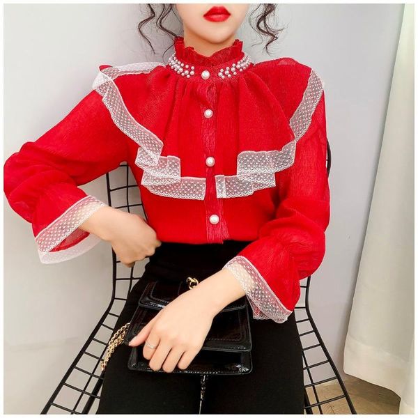 women's blouses & shirts 2021 autumn fashion chiffon bottoming female lace solid color ladies stand collar ruffles q375, White
women's blouses & shirts 2021 autumn fashion chiffon bottoming female lace solid color ladies stand collar ruffles q375, White