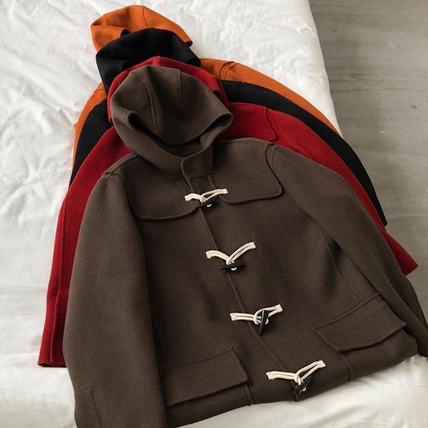 women's wool & blends horn button overcoat middle long autumn winter 2021 hooded college style versatile loose double faced, Black
women's wool & blends horn button overcoat middle long autumn winter 2021 hooded college style versatile loose double faced, Black