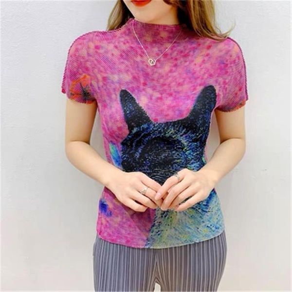 women's t-shirt miyake folds 2021 summer print half-high collar small pullover slim type was thin and temperament commuting large, White
women's t-shirt miyake folds 2021 summer print half-high collar small pullover slim type was thin and temperament commuting large, White