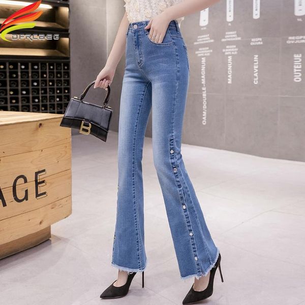 women's jeans 2021 spring summer high waist flare women bottom side buttons long denim pants with tassel blue or sky trousers
women's jeans 2021 spring summer high waist flare women bottom side buttons long denim pants with tassel blue or sky trousers