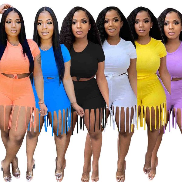 women tracksuits 2022 summer designer fashion round neck solid color slim fit short sleeve t-shirt + tassel shorts jogging suits sportswear, Gray
women tracksuits 2022 summer designer fashion round neck solid color slim fit short sleeve t-shirt + tassel shorts jogging suits sportswear, Gray