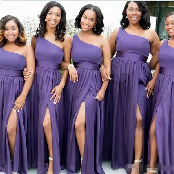 a line evening dresses one shoulder purple chiffon long prom gowns with front slit, Black;red
a line evening dresses one shoulder purple chiffon long prom gowns with front slit, Black;red