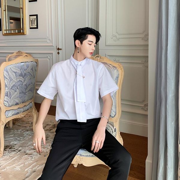 men's casual shirts men short sleeve pin tie collar loose black white shirt male streetwear vintag chic party dress stage show clothes, White;black
men's casual shirts men short sleeve pin tie collar loose black white shirt male streetwear vintag chic party dress stage show clothes, White;black