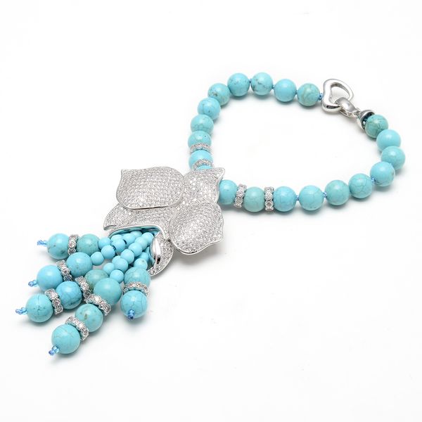 guaiguai jewelry blue turquoises stone cubic zirconia cz pave flower tassel pendant bracelet sets for women, Black
guaiguai jewelry blue turquoises stone cubic zirconia cz pave flower tassel pendant bracelet sets for women, Black