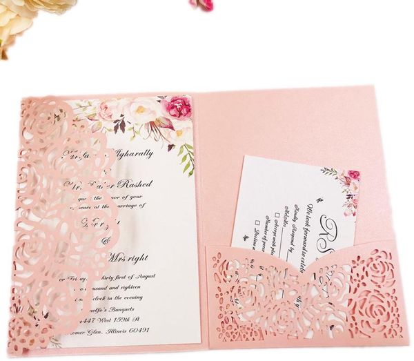 

greeting cards 1pcs blush pink burgundy navy blue rose gold purple floral tri-fold laser cut pocket wedding invitation card invite envelopes