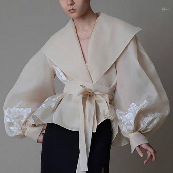fashion women flower embroidery shirts organza v-neck blouse long puff sleeve shirt elegant belt female work formal women's blouses, White
fashion women flower embroidery shirts organza v-neck blouse long puff sleeve shirt elegant belt female work formal women's blouses, White