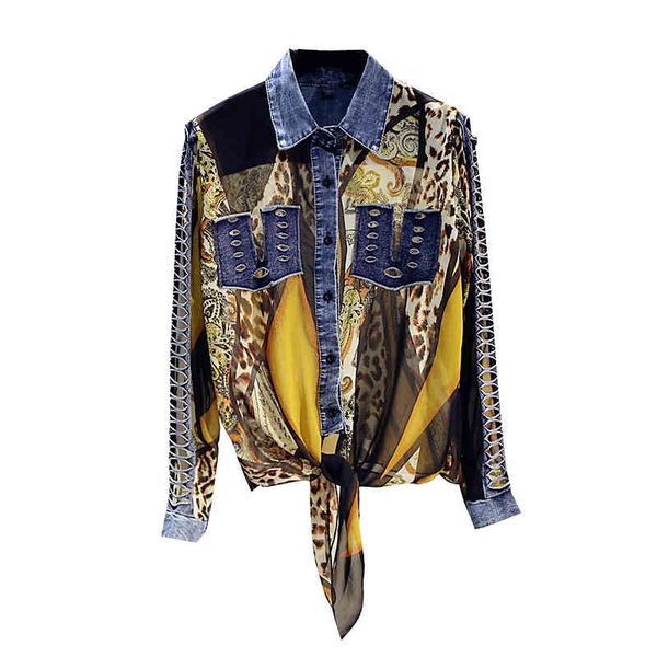 women's blouses & shirts spring vintage leopard chiffon print spliced denim shirt women fashion long sleeve cutout blouse ladies t, White
women's blouses & shirts spring vintage leopard chiffon print spliced denim shirt women fashion long sleeve cutout blouse ladies t, White