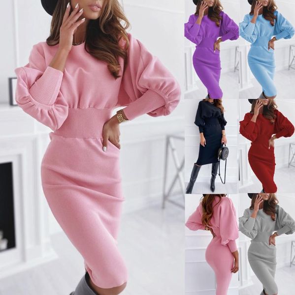 casual dresses 2021 summer solid color round neck waist dress women's knit sweater long-sleeved slim party women, Black;gray 
casual dresses 2021 summer solid color round neck waist dress women's knit sweater long-sleeved slim party women, Black;gray