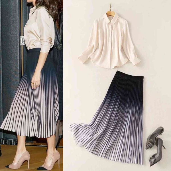 two piece dress european and american catwalk high-quality beige shirt + gradient pleated skirt suit mdyj, White
two piece dress european and american catwalk high-quality beige shirt + gradient pleated skirt suit mdyj, White