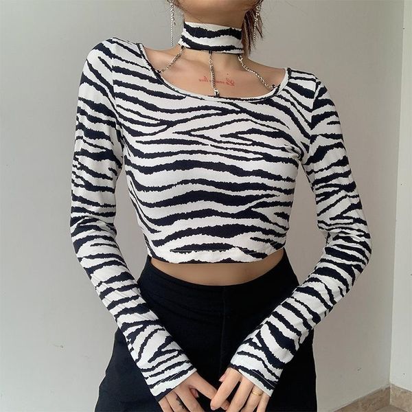 women blouse animal zebra print backless high neck shirt autumn long sleeve halter fashion cropped streetwear women's blouses, White
women blouse animal zebra print backless high neck shirt autumn long sleeve halter fashion cropped streetwear women's blouses, White