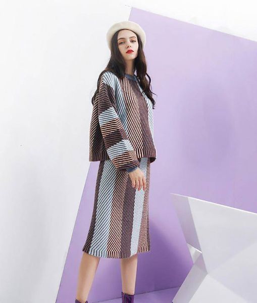 long sleeve winter color striped knit loose pullover sweater two piece waist slit women es casual skirt sets, White
long sleeve winter color striped knit loose pullover sweater two piece waist slit women es casual skirt sets, White