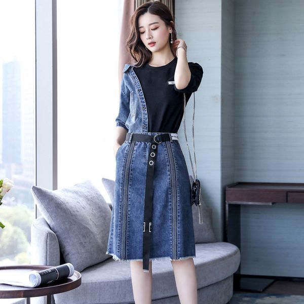 spring summer women's temperament denim skirt two-piece stitching five-sleeve t-shirt + denim belt fashion setm105, White
spring summer women's temperament denim skirt two-piece stitching five-sleeve t-shirt + denim belt fashion setm105, White