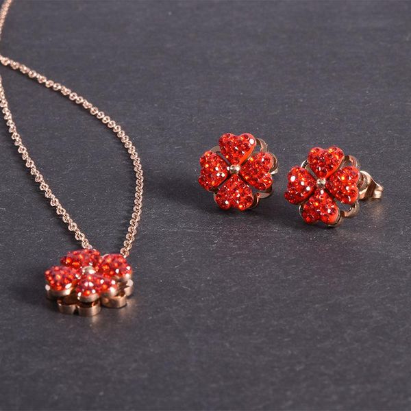 earrings & necklace rotating clover titanium stainless steel female red full rhinestone stud wholesale jewelry set, Silver
earrings & necklace rotating clover titanium stainless steel female red full rhinestone stud wholesale jewelry set, Silver