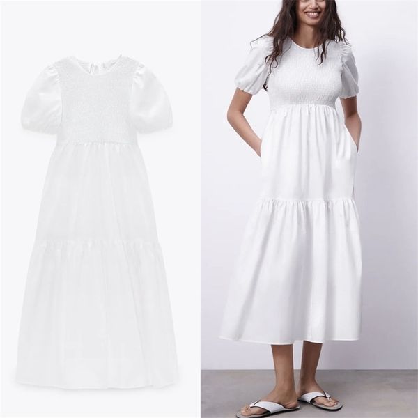 pleated midi white dress women short puff sleeve o neck smocked elastic party es woman fashion back opening 210524, Black;gray
pleated midi white dress women short puff sleeve o neck smocked elastic party es woman fashion back opening 210524, Black;gray