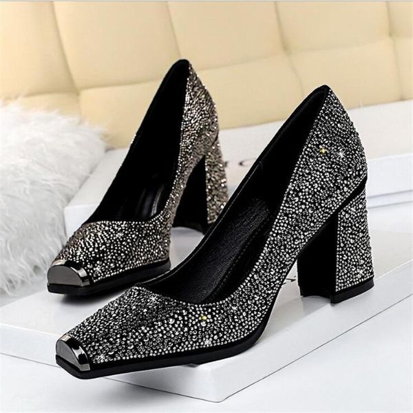 dress shoes european and american style banquet high heels thick heel metal square head shine rhinestone women's single, Black
dress shoes european and american style banquet high heels thick heel metal square head shine rhinestone women's single, Black