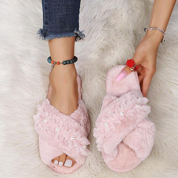 slippers fashion lace pearl cross fur slipper home indoor floor shoes flat fulffy furry for bedroom comfy women 2021, Black
slippers fashion lace pearl cross fur slipper home indoor floor shoes flat fulffy furry for bedroom comfy women 2021, Black