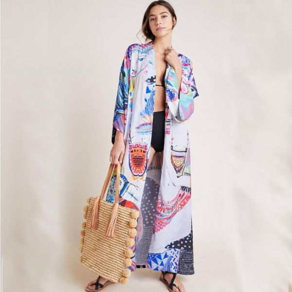 women printed robe style beach blouse dress cardigan belt vacation bikini outer beachwear ins 2021 women's swimwear, White;black
women printed robe style beach blouse dress cardigan belt vacation bikini outer beachwear ins 2021 women's swimwear, White;black