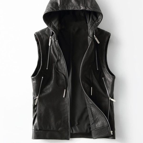 men's leather & faux 2021 vest hooded genuine jacket men sheepskin coat casual mens vests vintage colete masculino kfs19m014, Black
men's leather & faux 2021 vest hooded genuine jacket men sheepskin coat casual mens vests vintage colete masculino kfs19m014, Black