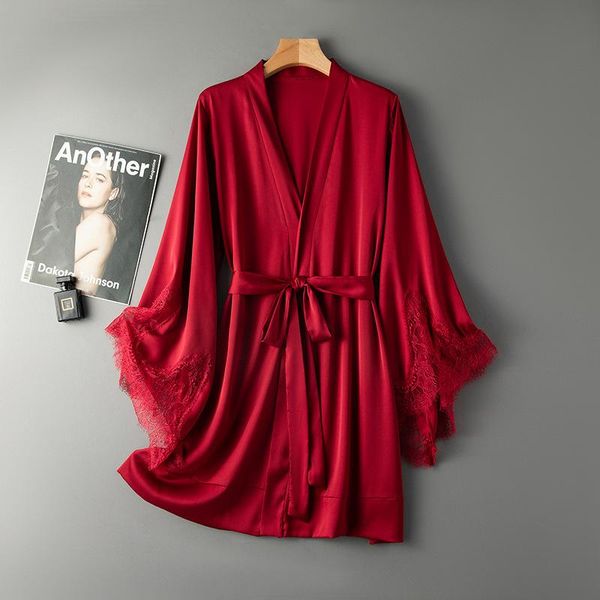 women's sleepwear summer burgundy women robe lace nightgown satin kimono gown loose nightdress lounge wear with belt, Black;red
women's sleepwear summer burgundy women robe lace nightgown satin kimono gown loose nightdress lounge wear with belt, Black;red