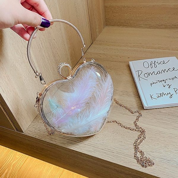 bag female 2021 new trend personalized color feather transparent heart-shaped chain single shoulder messenger portable princess bag
bag female 2021 new trend personalized color feather transparent heart-shaped chain single shoulder messenger portable princess bag