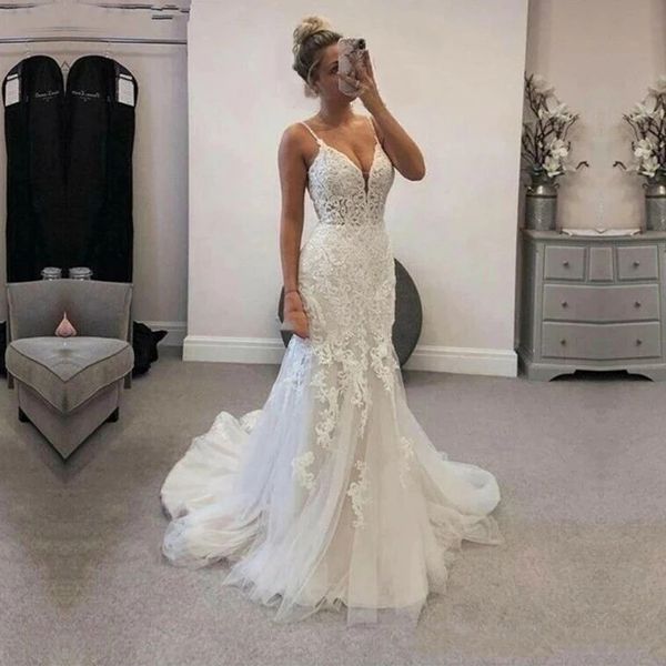 mermaid wedding dresses robe de soirée de mariage backless applique court train spaghetti straps bride gowns, White
mermaid wedding dresses robe de soirée de mariage backless applique court train spaghetti straps bride gowns, White