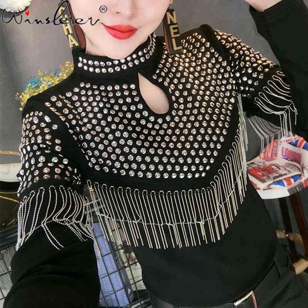 women's t-shirt spring fall cotton korean clothes girls stand shiny hollow out rivet tassels women long sleeve tees t119, White
women's t-shirt spring fall cotton korean clothes girls stand shiny hollow out rivet tassels women long sleeve tees t119, White