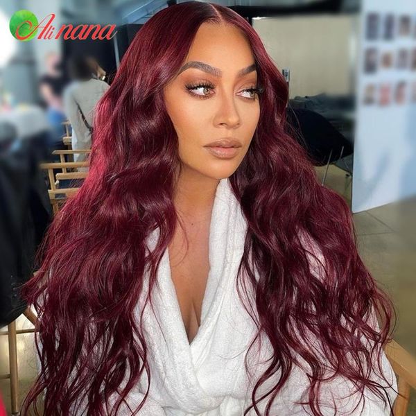 lace wigs alinana 13x6 frontal wig body wave pre-plucked 1b/99j color human hair wavy glueless 30 inch bleach knots 180% density, Black;brown