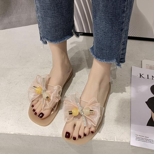 slippers ribbon bow flat women pvc transparent summer outer wear sweet open toe slides beach 2021, Black